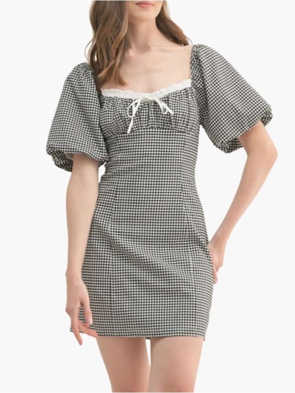 Lush Black and White Gingham Mini Dress with Puff Sleeves